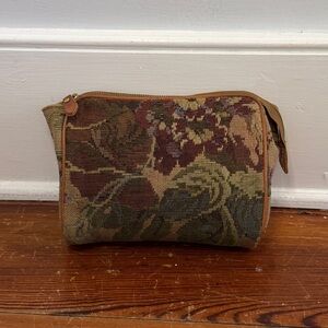 Vintage Polo Ralph Lauren Floral Tapestry Leather Cosmetic Bag Pouch Tan Green